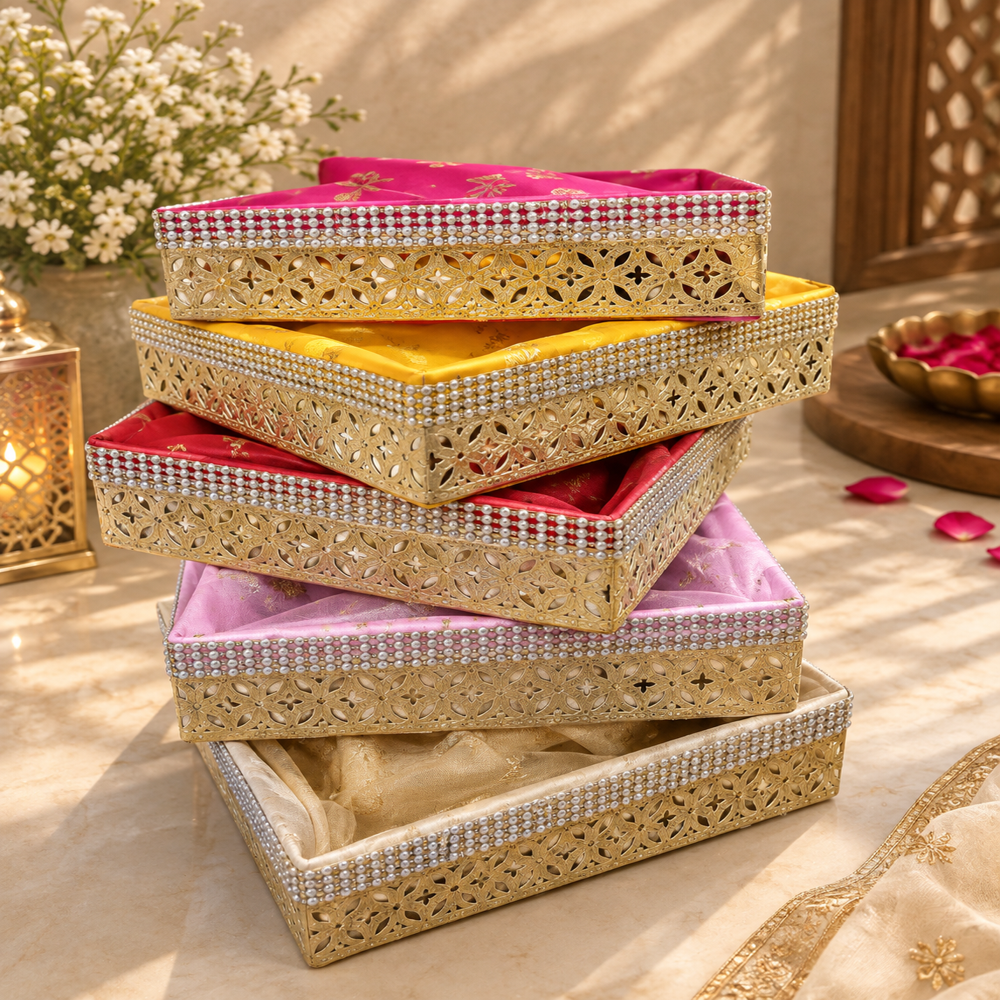 Customized MDF Gift Basket - Medium Density Fiberboard, Standard Size, Golden with Silver Embellishments | Handcrafted, Laser-Cut Geometric Design, Glossy Metallic Finish, Eco-Friendly, Reusable, Satin Lining