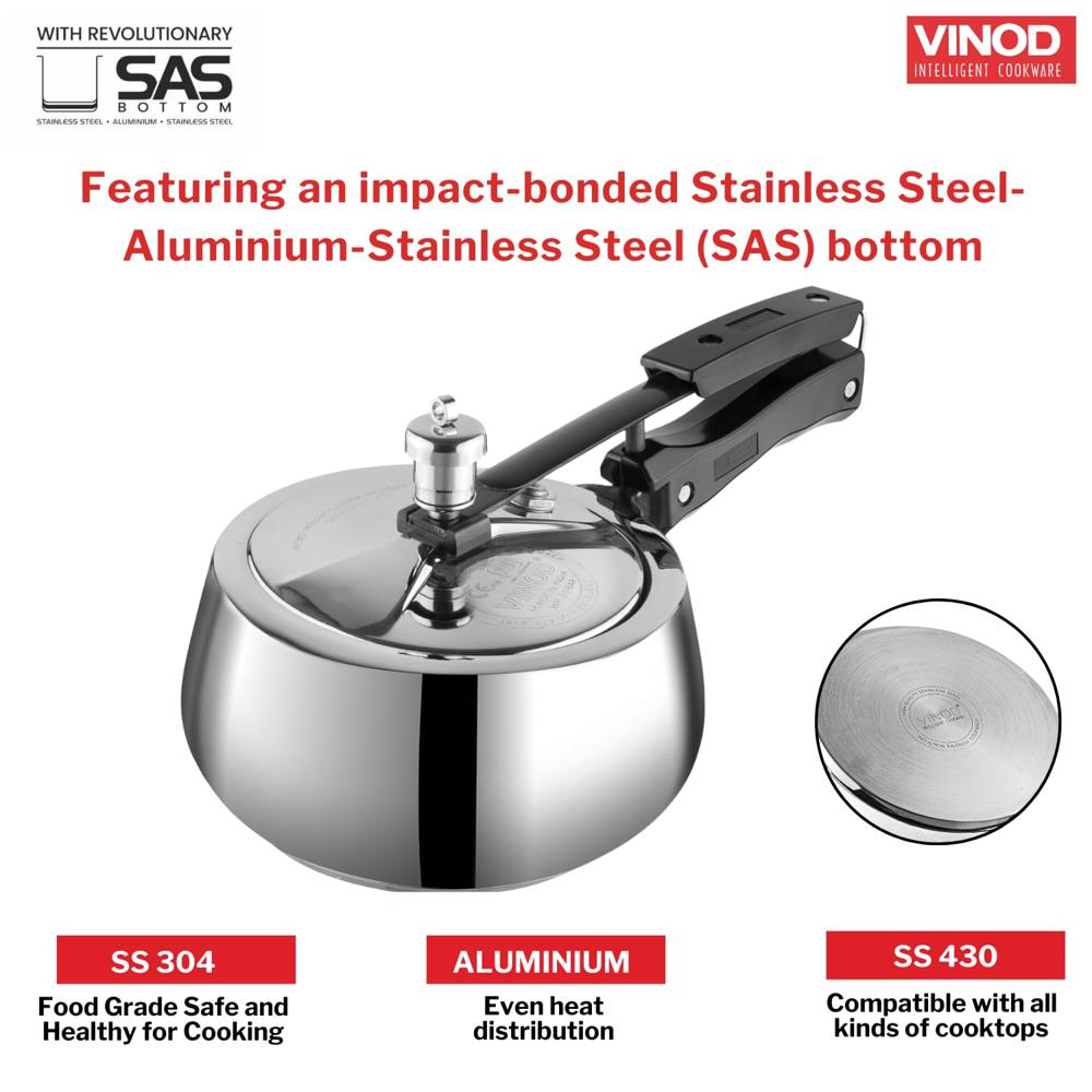 Vinod Europa Stainless Steel Inner Lid Pressure Cooker - 3.5 Litre | Handi Shape | Sandwich Bottom Cooker | Induction and Gas Base | ISI and CE certified - 2 Years Warranty