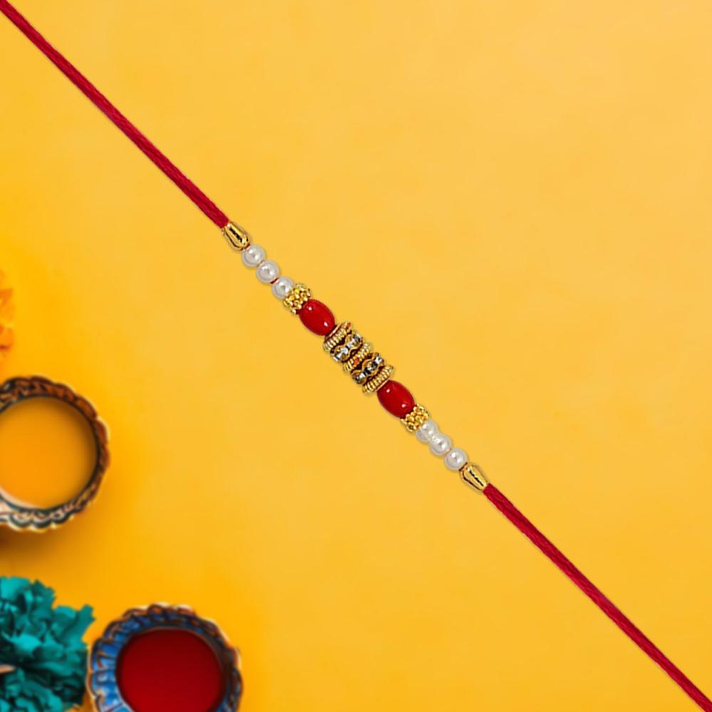 Pearl Beaded Rakhi Traditional Red & Gold Elegance