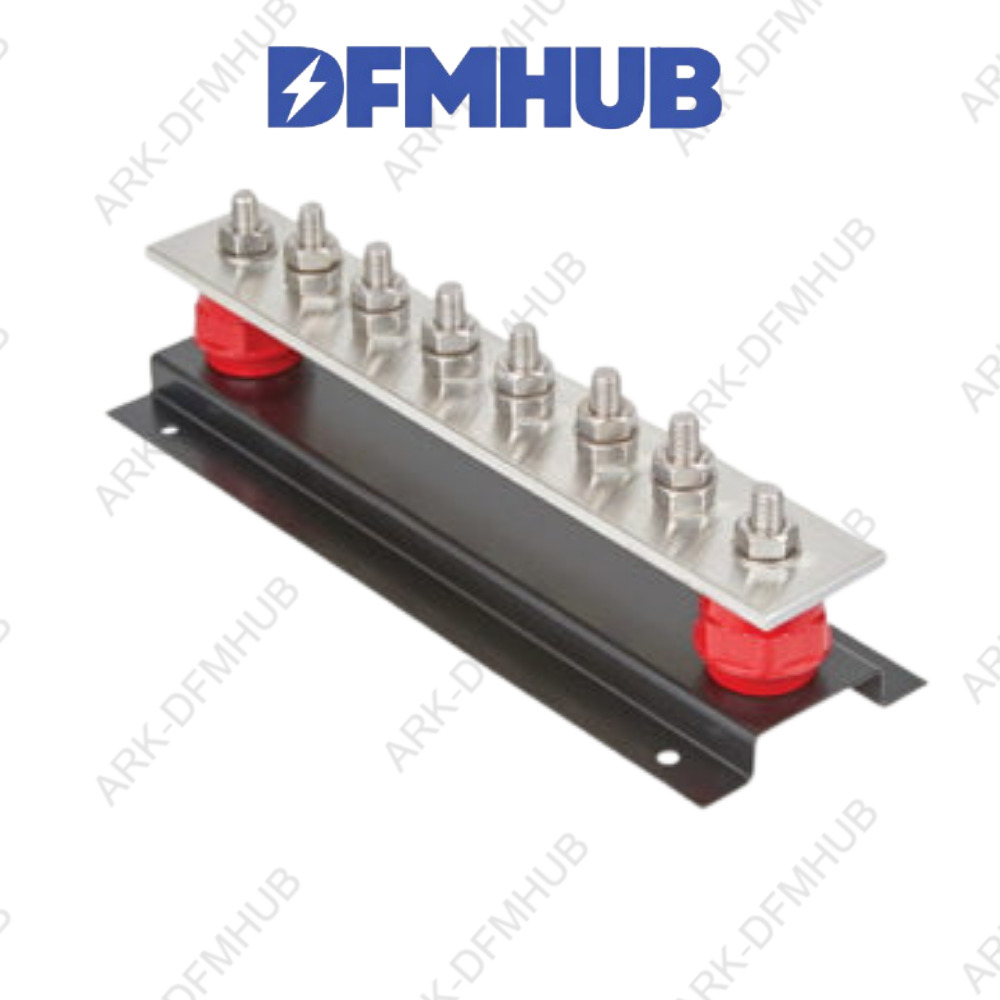 Stainless Steel Equipotential Bonding Bar, ARK-EB10 - 300x50x6mm, Silver Bar, Black Base, Red Insulators, 8 Poles, Corrosion Resistant, Bolt Connection