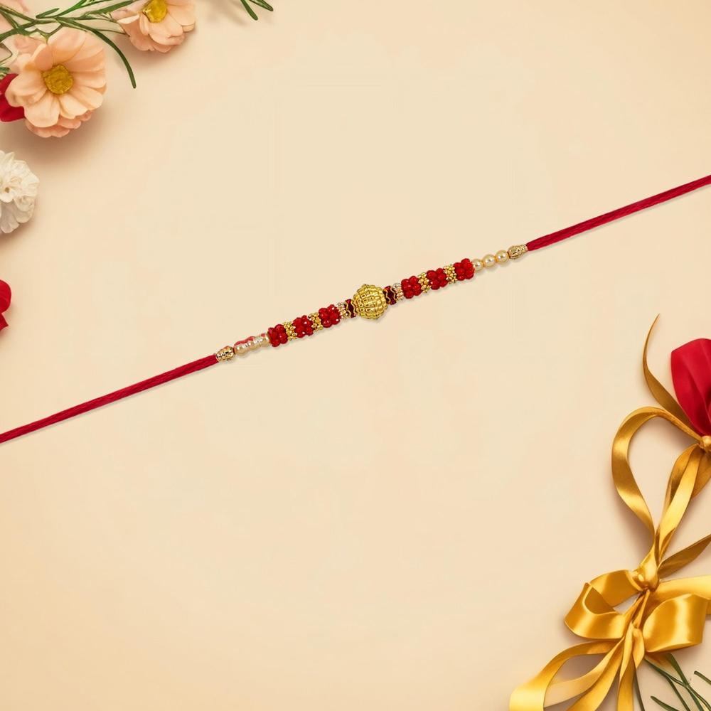 Red Bead Rakhi Golden Centerpiece & Pearl Details