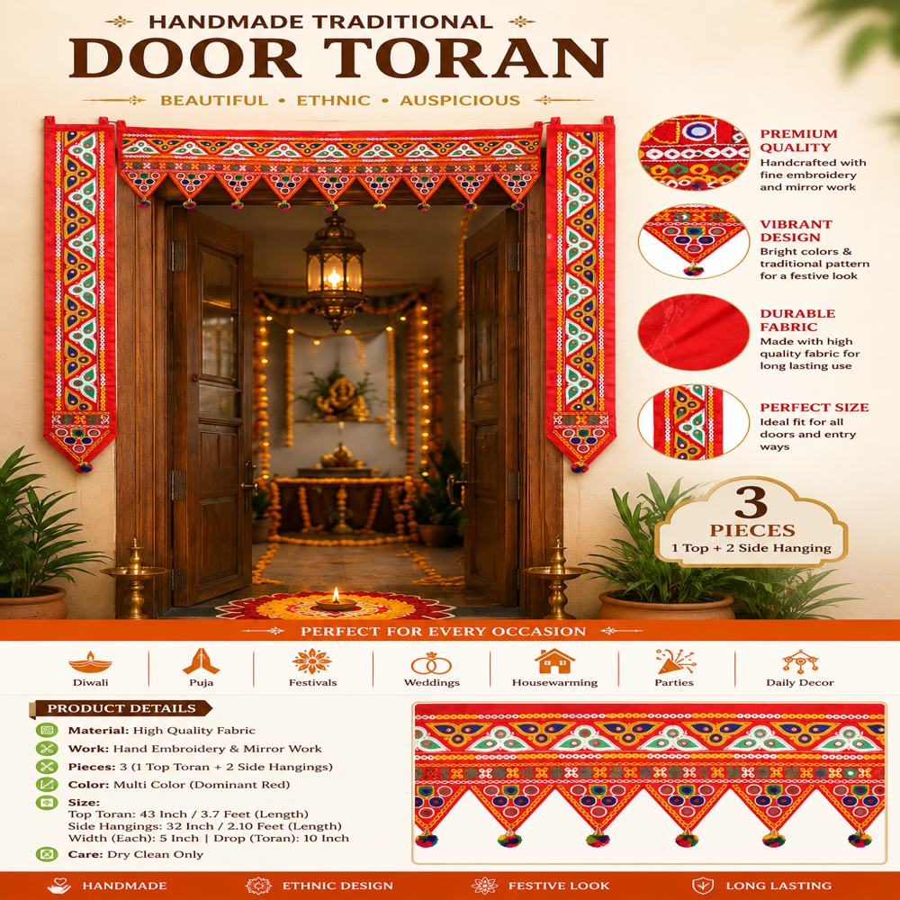 Krishna Handloom L Shape Door Toran For Mandir Decor B 18 - Color: Red