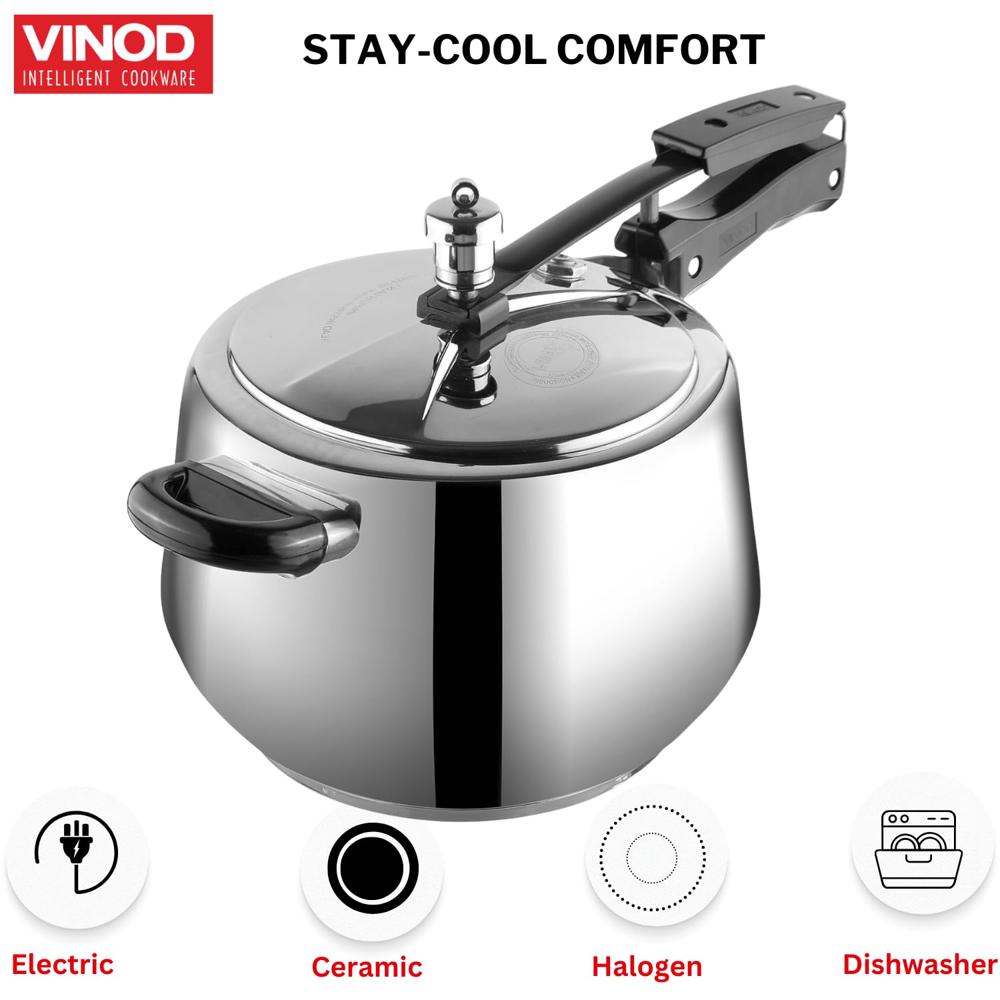 Vinod Europa Stainless Steel Inner Lid Pressure Cooker - 5.5 Litre | Handi Shape | Sandwich Bottom Cooker | Induction and Gas Base | ISI and CE certified - 2 Years Warranty
