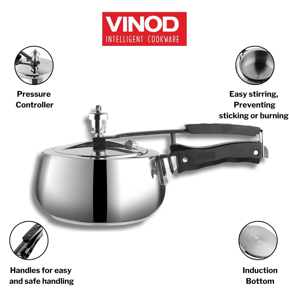 Vinod Europa Stainless Steel Inner Lid Pressure Cooker - 5.5 Litre | Handi Shape | Sandwich Bottom Cooker | Induction and Gas Base | ISI and CE certified - 2 Years Warranty