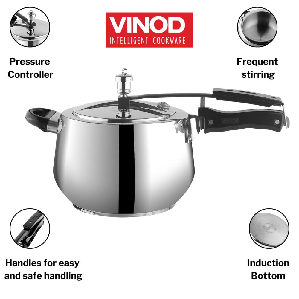 Vinod Europa Stainless Steel Inner Lid Pressure Cooker - 5.5 Litre | Handi Shape | Sandwich Bottom Cooker | Induction and Gas Base | ISI and CE certified - 2 Years Warranty