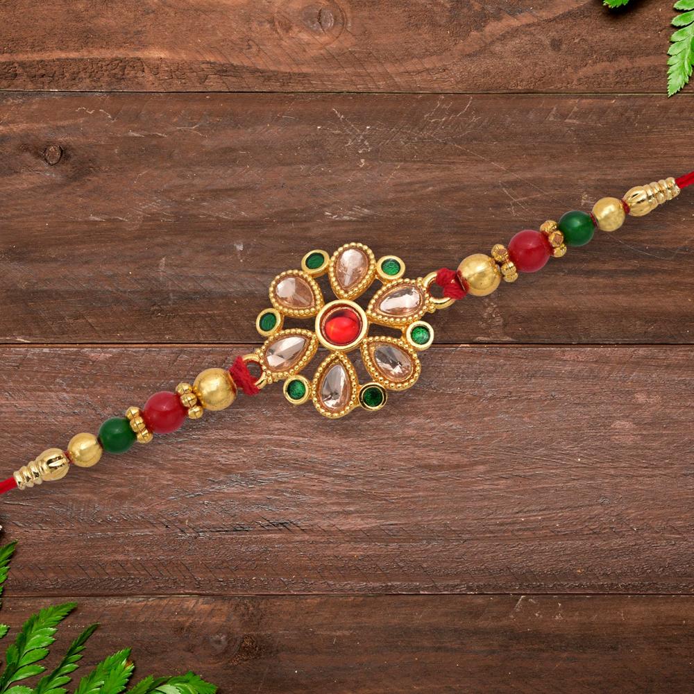 Kundan Rakhi Elegant Floral Golden Design For Raksha Bandhan - Color: Mix