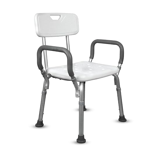 Vissco Comfort Shower Chair with Back and Armrest, Light Weight, Height Adjustable Shower Bench/Stool, Aluminum Anti Rusting Material - Universal (Anodized and White)