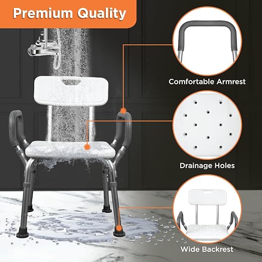 Vissco Comfort Shower Chair with Back and Armrest, Light Weight, Height Adjustable Shower Bench/Stool, Aluminum Anti Rusting Material - Universal (Anodized and White)