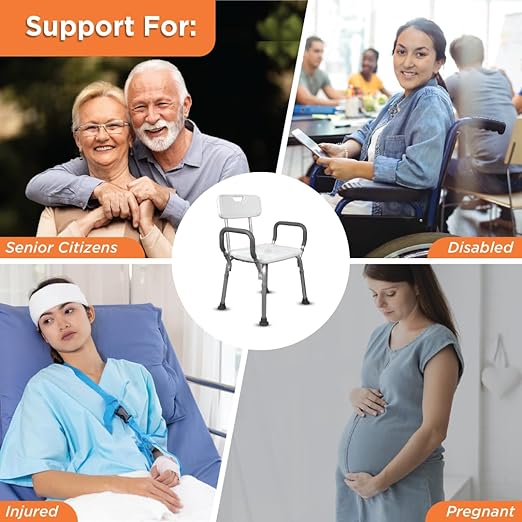 Vissco Comfort Shower Chair with Back and Armrest, Light Weight, Height Adjustable Shower Bench/Stool, Aluminum Anti Rusting Material - Universal (Anodized and White)