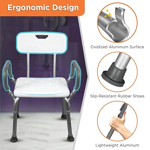Vissco Comfort Shower Chair with Back and Armrest, Light Weight, Height Adjustable Shower Bench/Stool, Aluminum Anti Rusting Material - Universal (Anodized and White)