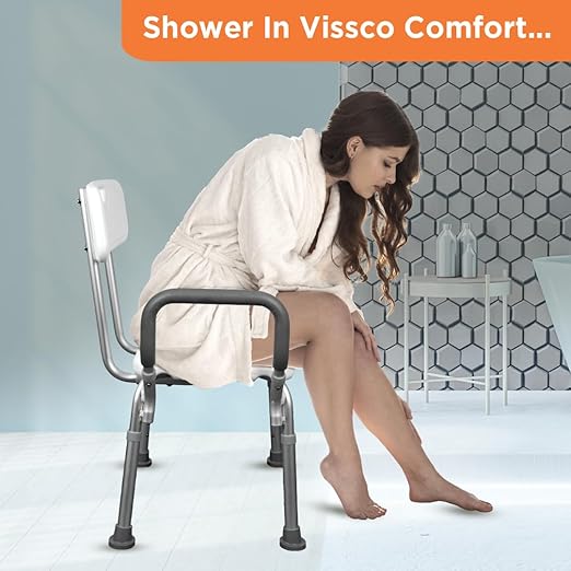 Vissco Comfort Shower Chair with Back and Armrest, Light Weight, Height Adjustable Shower Bench/Stool, Aluminum Anti Rusting Material - Universal (Anodized and White)