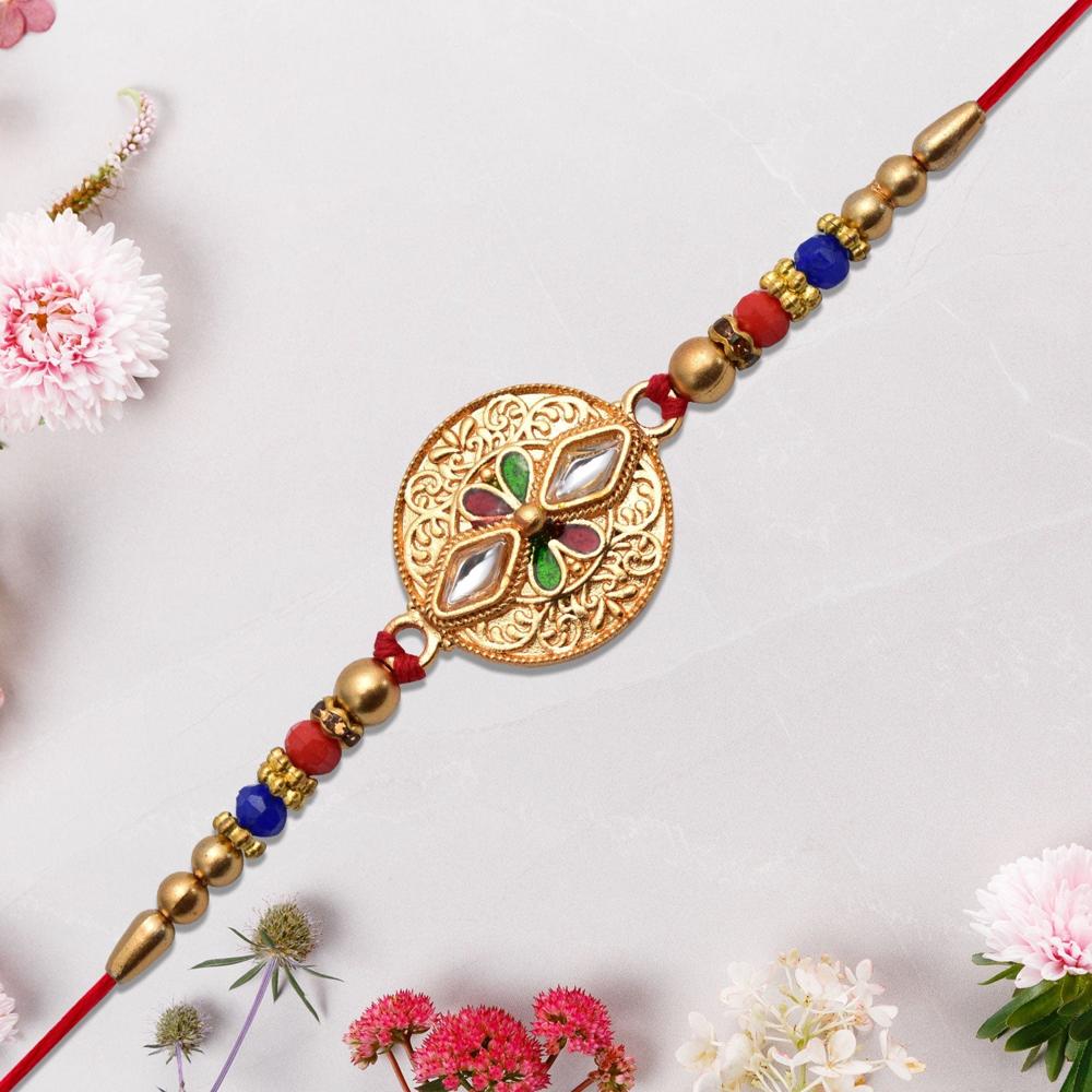 Meenakari Kundan Work Rakhi Antique Finish Sibling Gift - Color: Mix