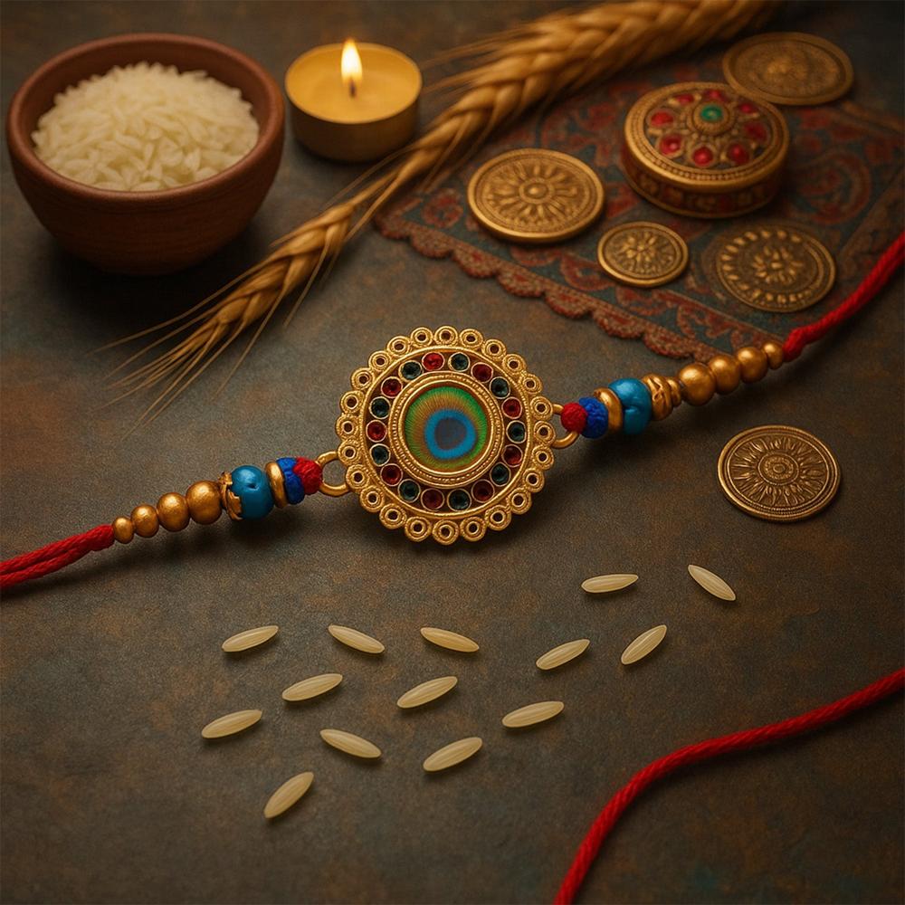 Traditional Flower Design Golden Rakhi Festive Elegance & Blessings