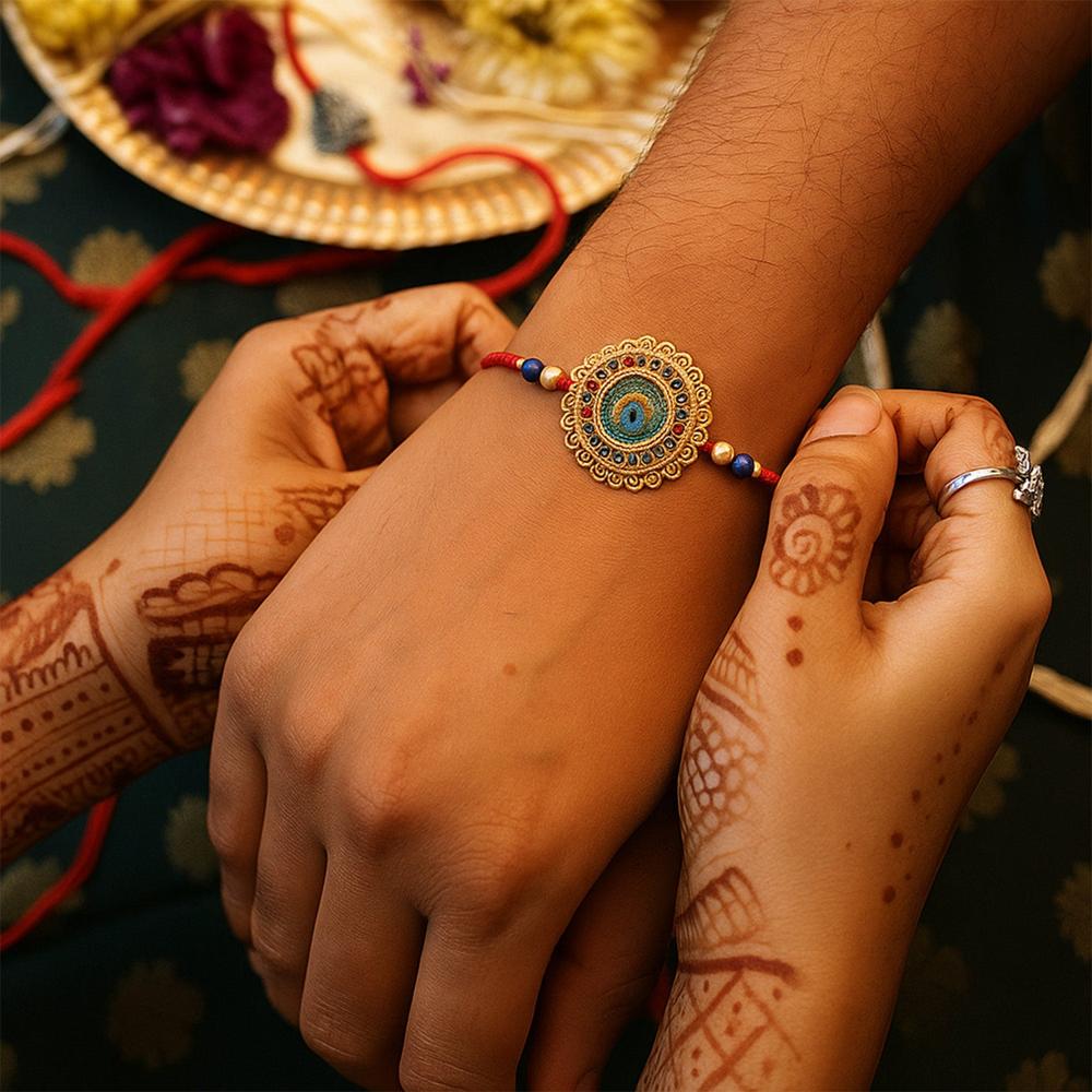 Traditional Flower Design Golden Rakhi Festive Elegance & Blessings