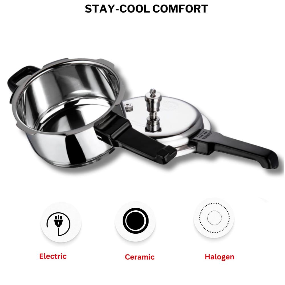 Vinod 18/8 Stainless Steel Outer Lid Pressure Cooker 2 Litre | Sandwich Bottom | ISI & CE Certified | Induction and Gas Stove Compatible | 2 Year Warranty | Silver