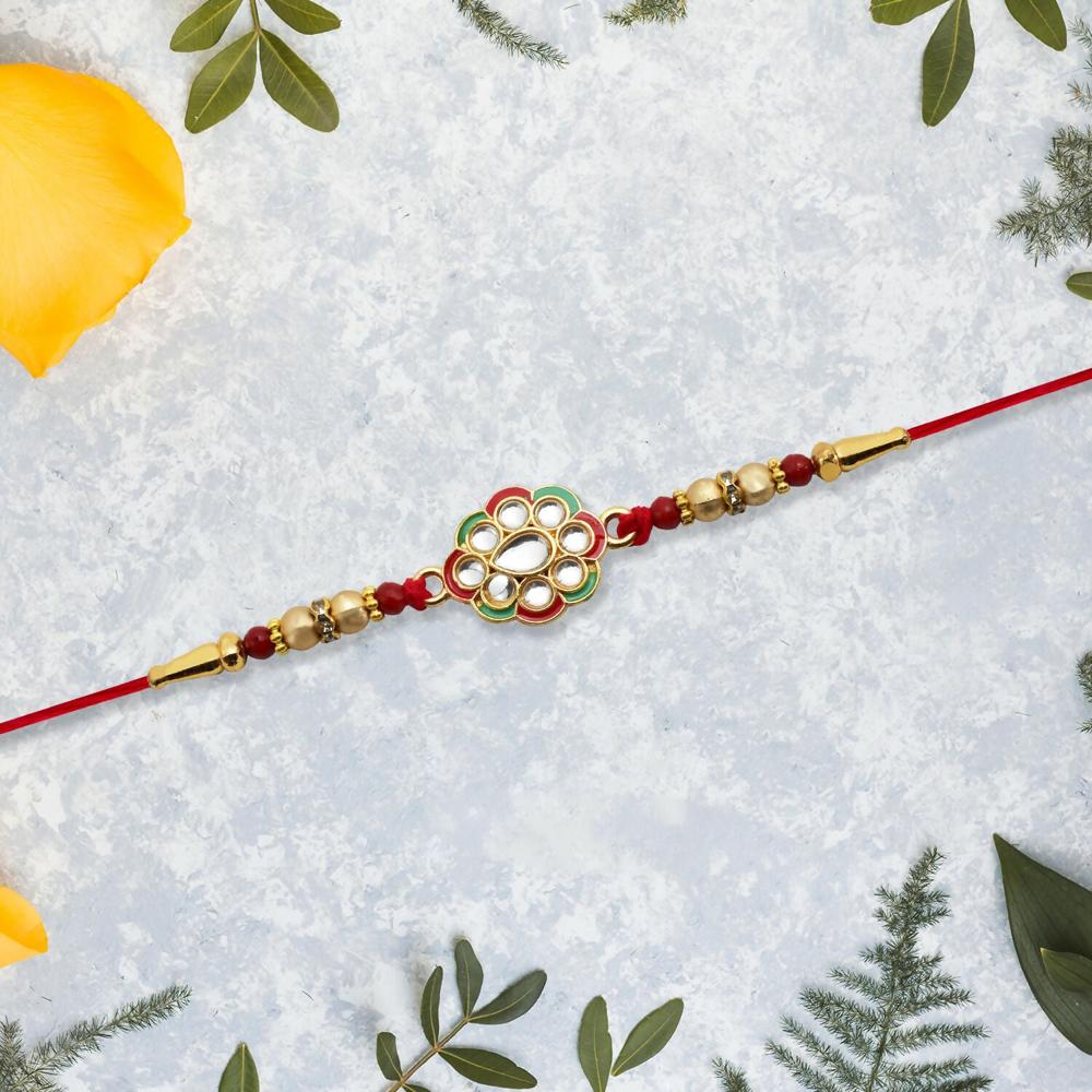 Kundan Work Floral Rakhi Elegant Traditional Raksha Bandhan Gift - Color: Mix