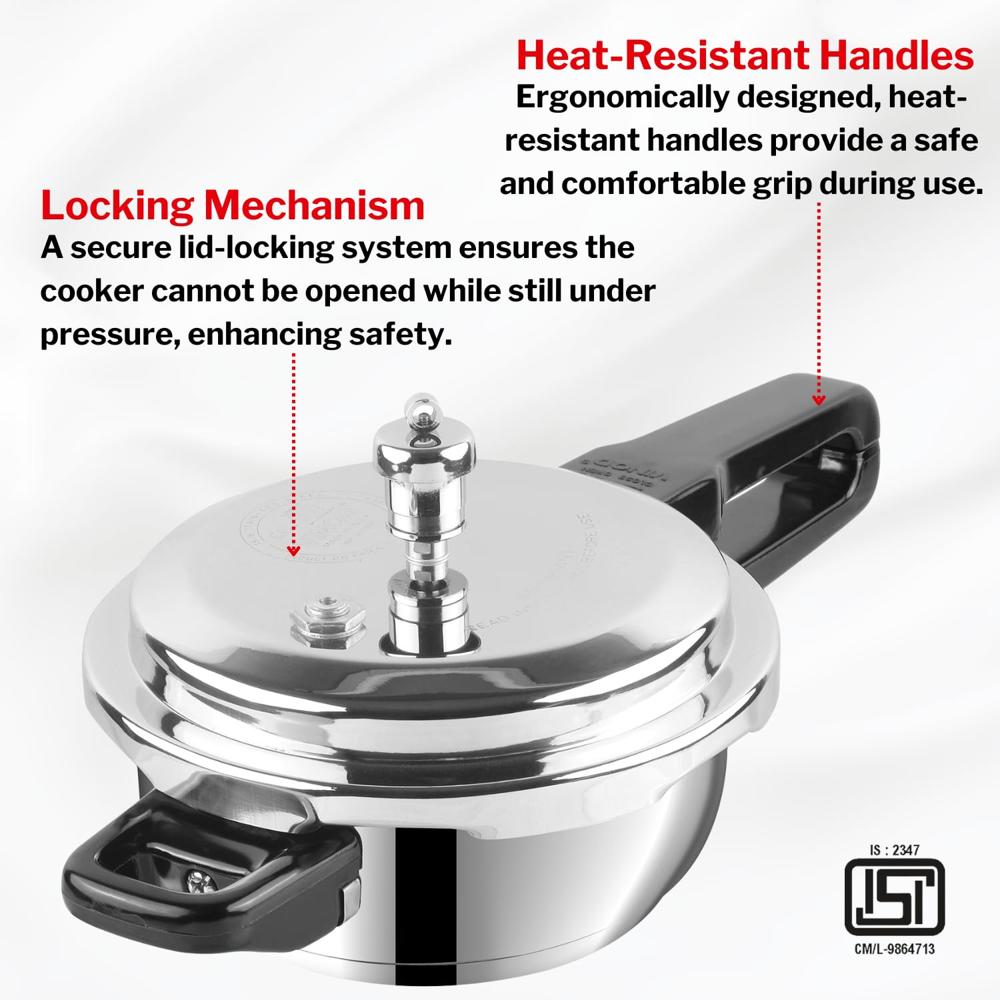 Vinod 3 Litre Stainless Steel Pressure Cooker Outer Lid | Sandwich Bottom for Even Heating | ISI & CE Certified | Ultra Hygienic & Durable | Gasket Release System | Induction & Gas Compatible