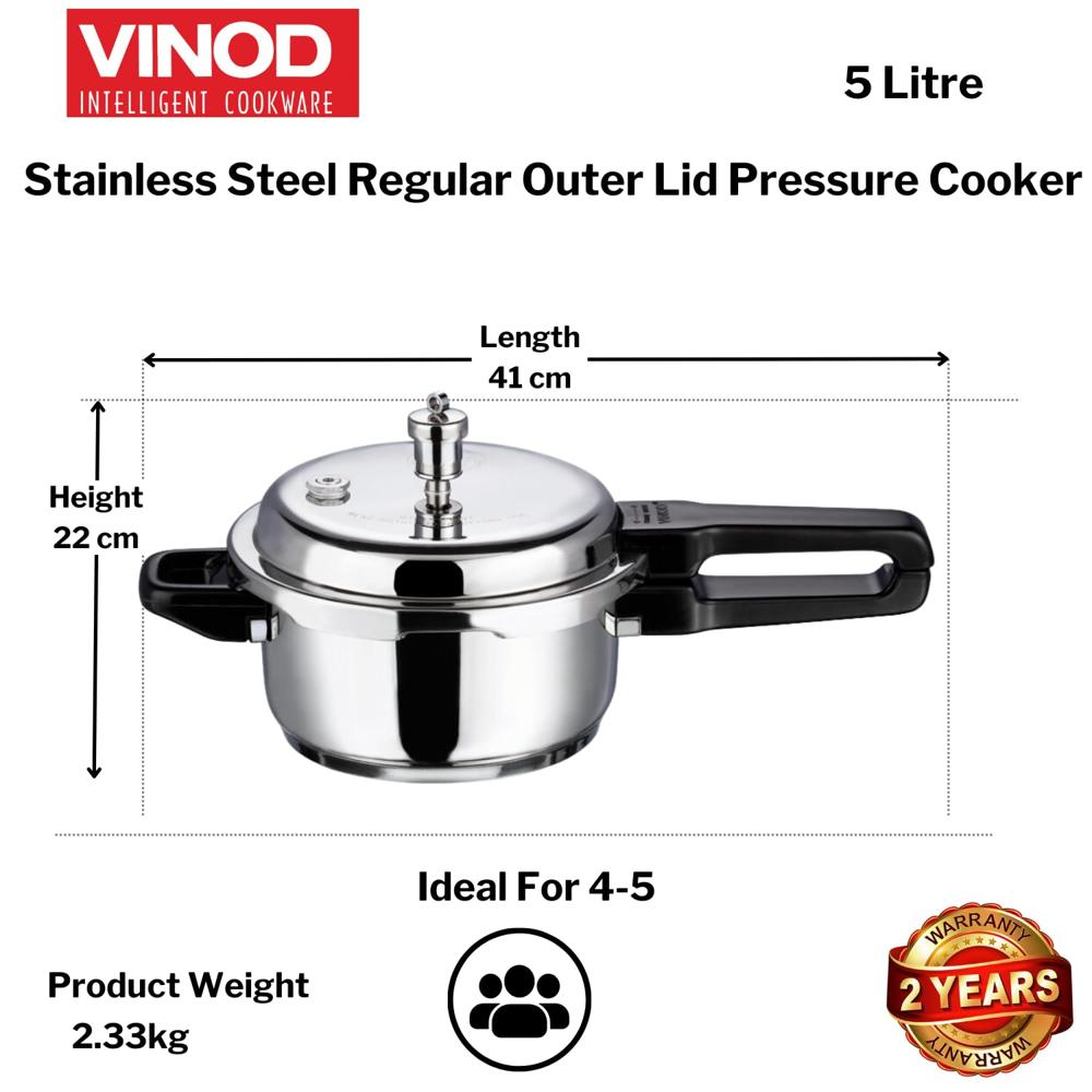 Vinod 18/8 Stainless Steel Pressure Cooker Outer Lid 5 Litre | Unique Sandwich Bottom Cooker | Induction and Gas Base | ISI and CE certified | 2 Years Warranty