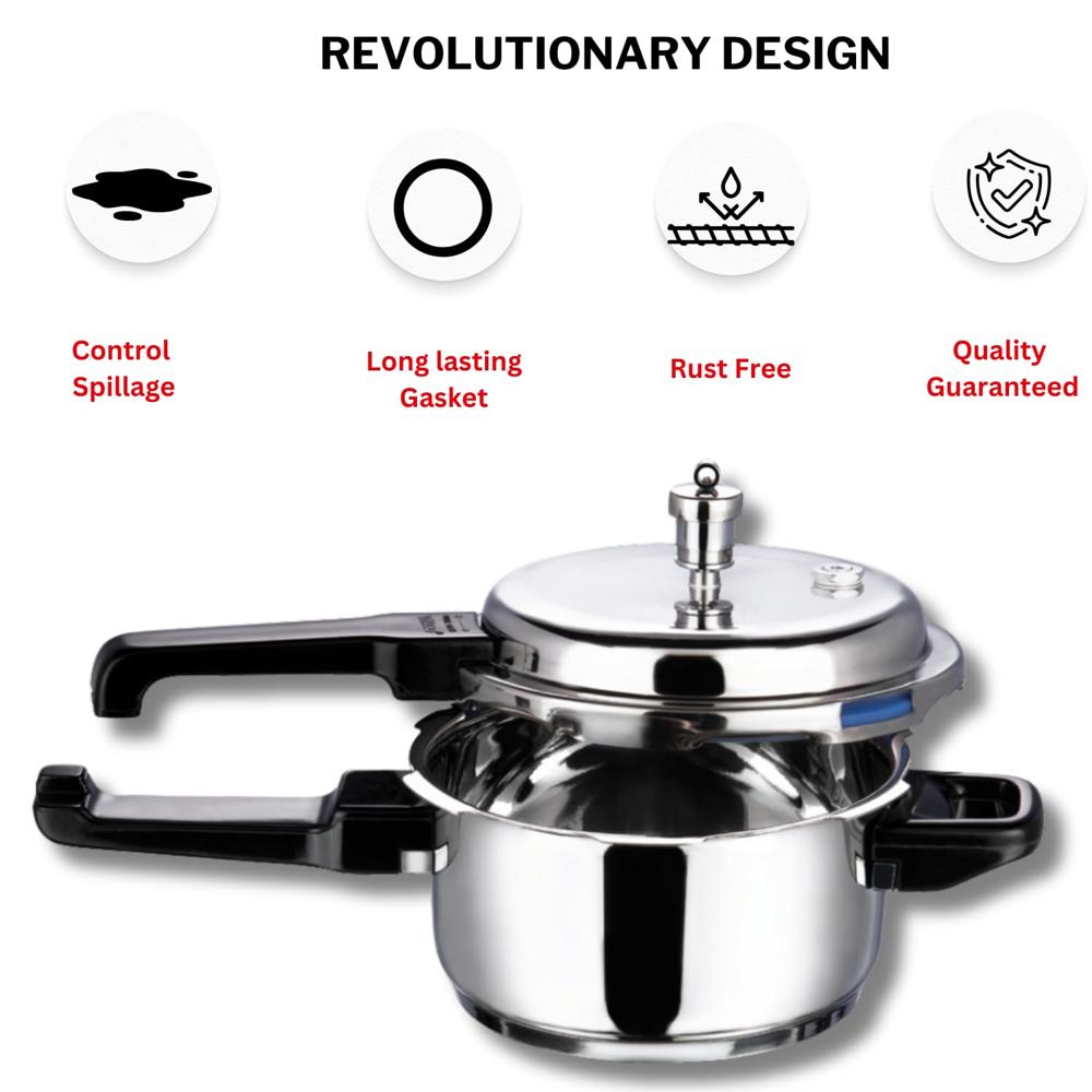 Vinod 18/8 Stainless Steel Pressure Cooker Outer Lid 5 Litre | Unique Sandwich Bottom Cooker | Induction and Gas Base | ISI and CE certified | 2 Years Warranty