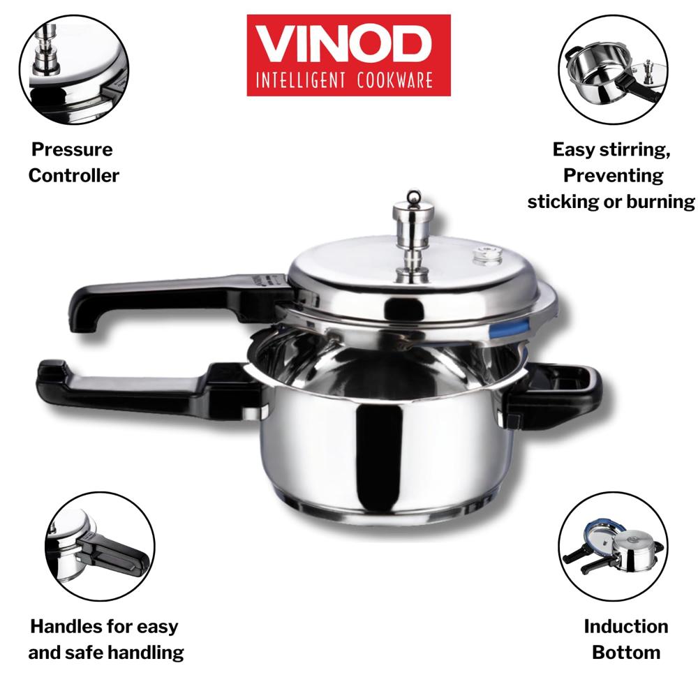 Vinod 18/8 Stainless Steel Pressure Cooker Outer Lid 5 Litre | Unique Sandwich Bottom Cooker | Induction and Gas Base | ISI and CE certified | 2 Years Warranty