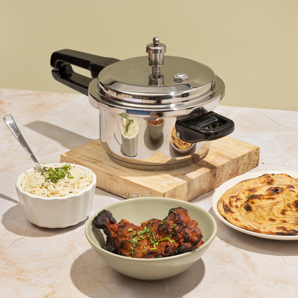 Vinod 18/8 Stainless Steel Pressure Cooker Outer Lid 5 Litre | Unique Sandwich Bottom Cooker | Induction and Gas Base | ISI and CE certified | 2 Years Warranty