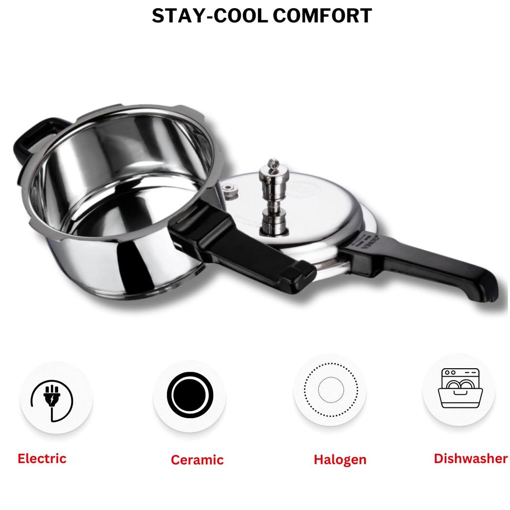 Vinod 18/8 Stainless Steel Pressure Cooker Outer Lid 5 Litre | Unique Sandwich Bottom Cooker | Induction and Gas Base | ISI and CE certified | 2 Years Warranty