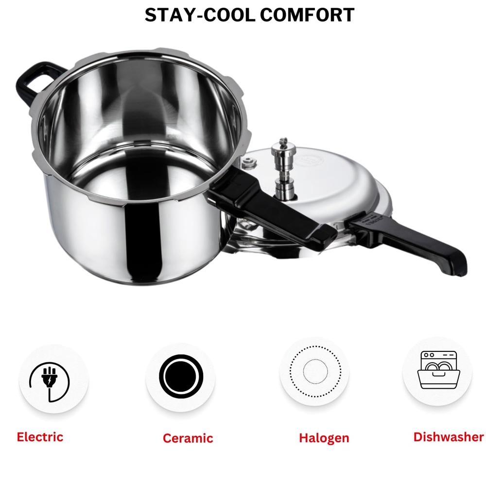Vinod 18/8 Stainless Steel Pressure Cooker Outer Lid 8 Litre | Unique Sandwich Bottom Cooker | Induction and Gas Base | ISI and CE certified | 2 Years Warranty