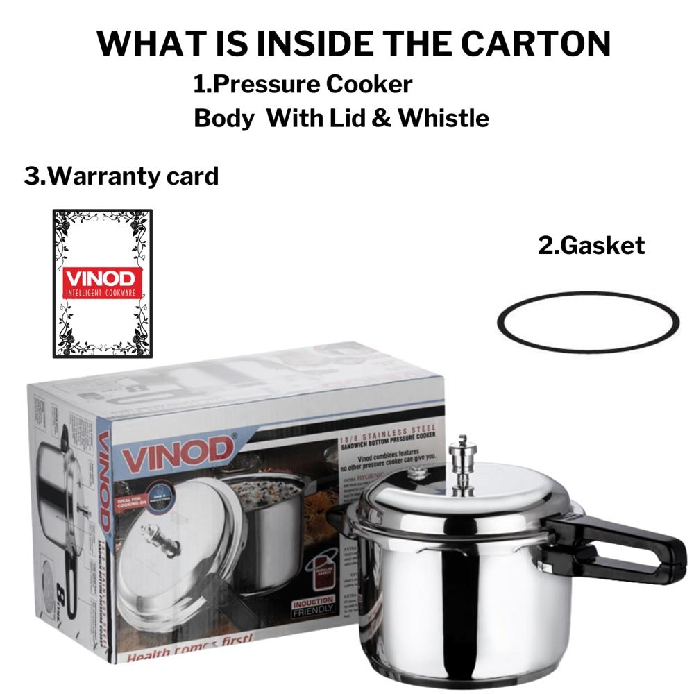 Vinod 18/8 Stainless Steel Pressure Cooker Outer Lid 8 Litre | Unique Sandwich Bottom Cooker | Induction and Gas Base | ISI and CE certified | 2 Years Warranty