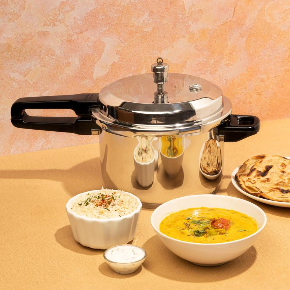 Vinod 18/8 Stainless Steel Pressure Cooker Outer Lid 8 Litre | Unique Sandwich Bottom Cooker | Induction and Gas Base | ISI and CE certified | 2 Years Warranty