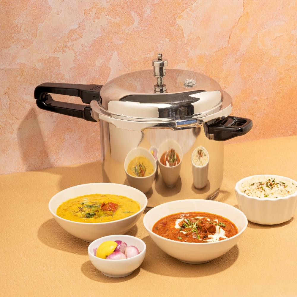 Vinod 18/8 Stainless Steel Pressure Cooker Outer Lid 8 Litre | Unique Sandwich Bottom Cooker | Induction and Gas Base | ISI and CE certified | 2 Years Warranty