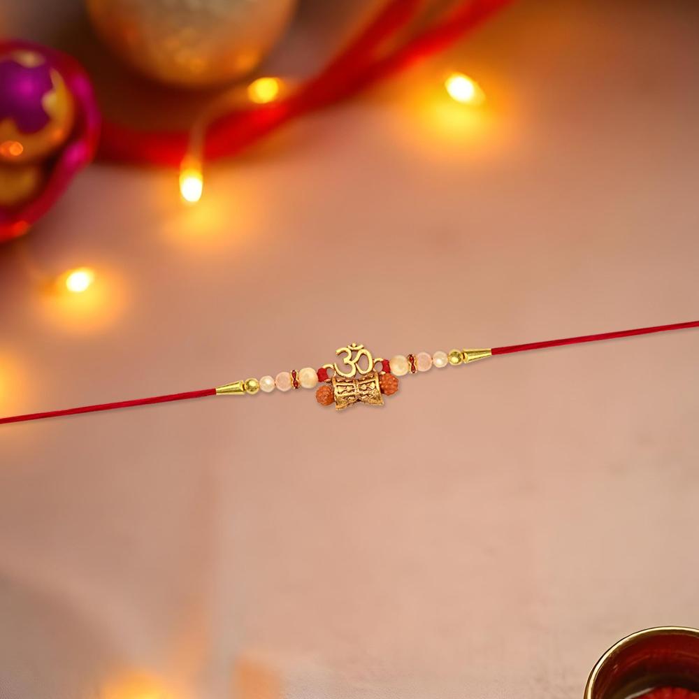Golden Charm Rakhi Pearl Beads, Red Thread For Brother - Color: Mix