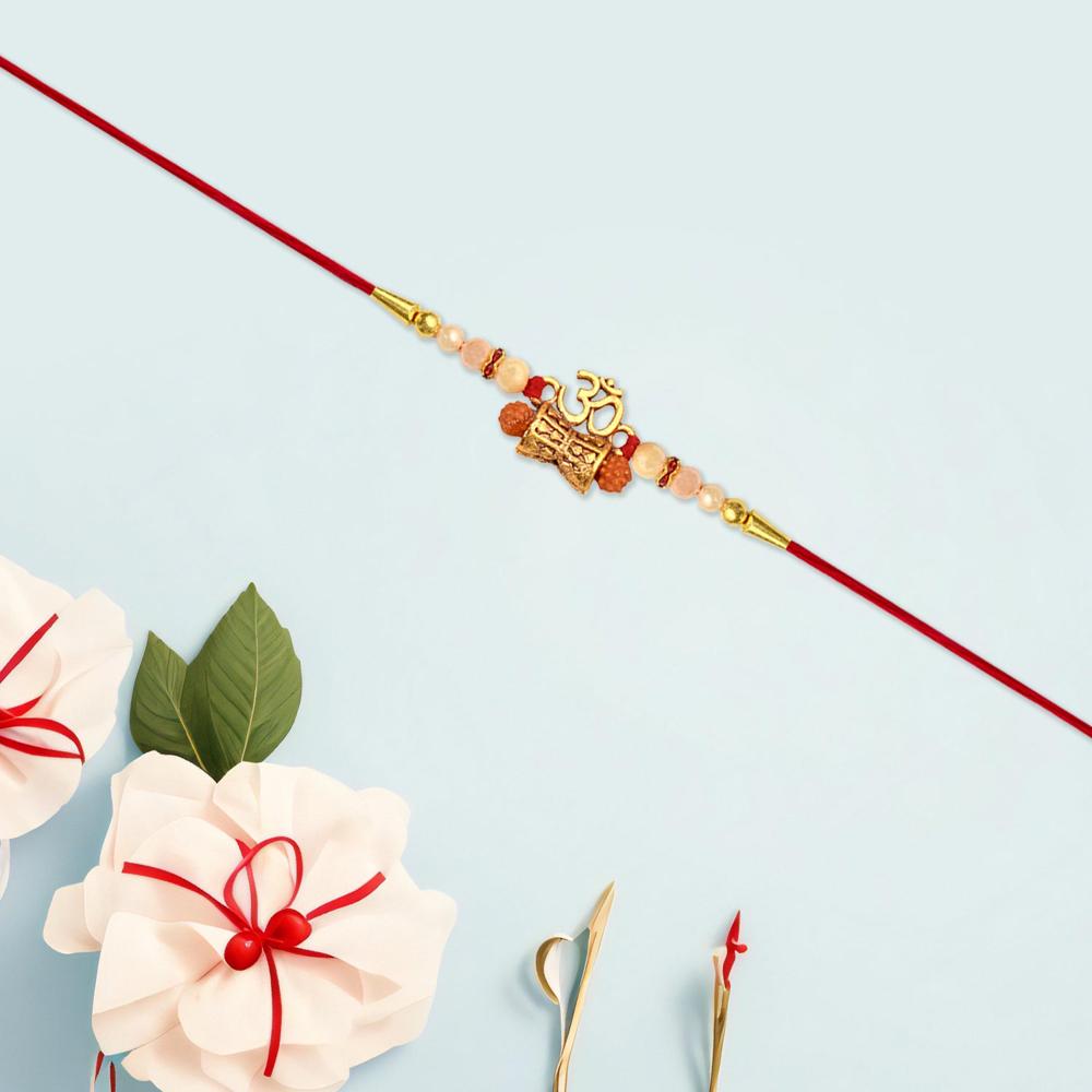 Golden Charm Rakhi Pearl Beads, Red Thread for Brother