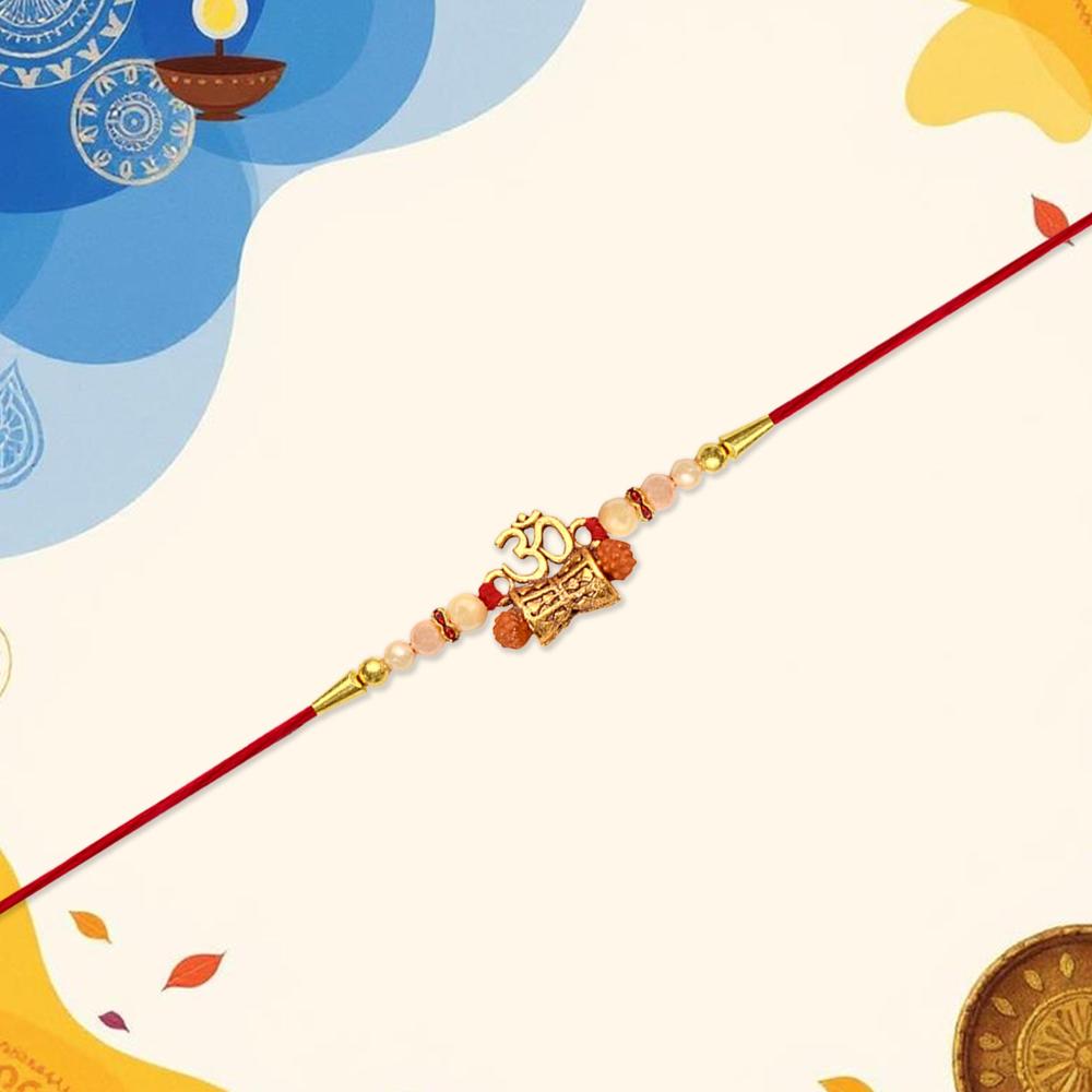 Golden Charm Rakhi Pearl Beads, Red Thread for Brother