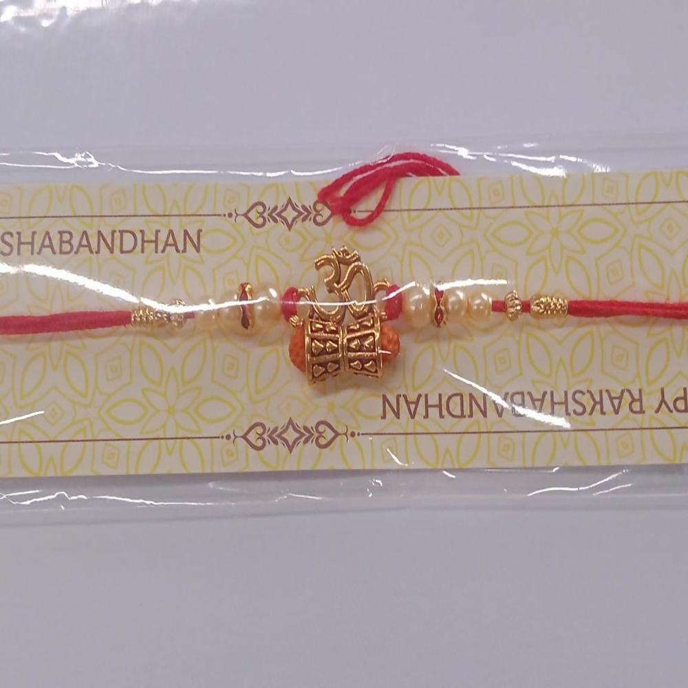 Golden Charm Rakhi Pearl Beads, Red Thread for Brother