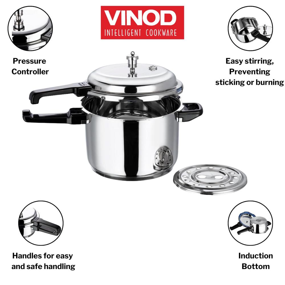 Vinod 18/8 Stainless Steel Pressure Cooker Outer Lid 10 Litre | Unique Sandwich Bottom Cooker | Induction and Gas Base | ISI and CE certified | 2 Years Warranty