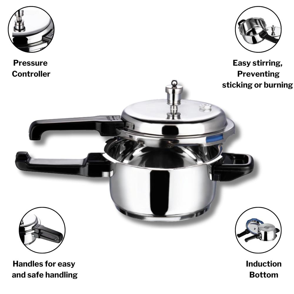 Vinod 18/8 Stainless Steel Pressure Cooker Outer Lid 10 Litre | Unique Sandwich Bottom Cooker | Induction and Gas Base | ISI and CE certified | 2 Years Warranty