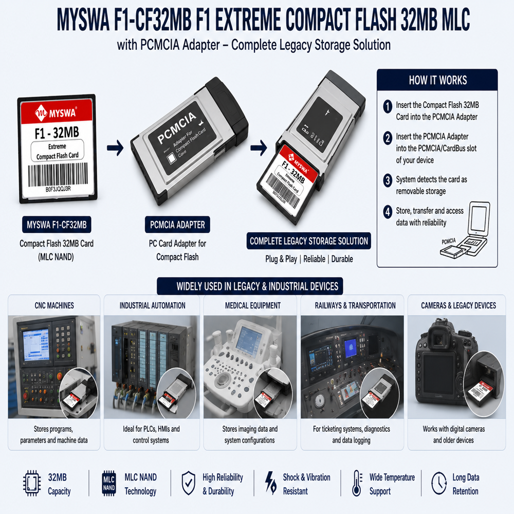 MYSWA F1-CF32MB F1 Extreme Compact Flash Card 32 MB MLC CF Type 1 Memory Card for CNC Machine, Railways Locomotives, Airplane Cockpits, Camera, Desktop