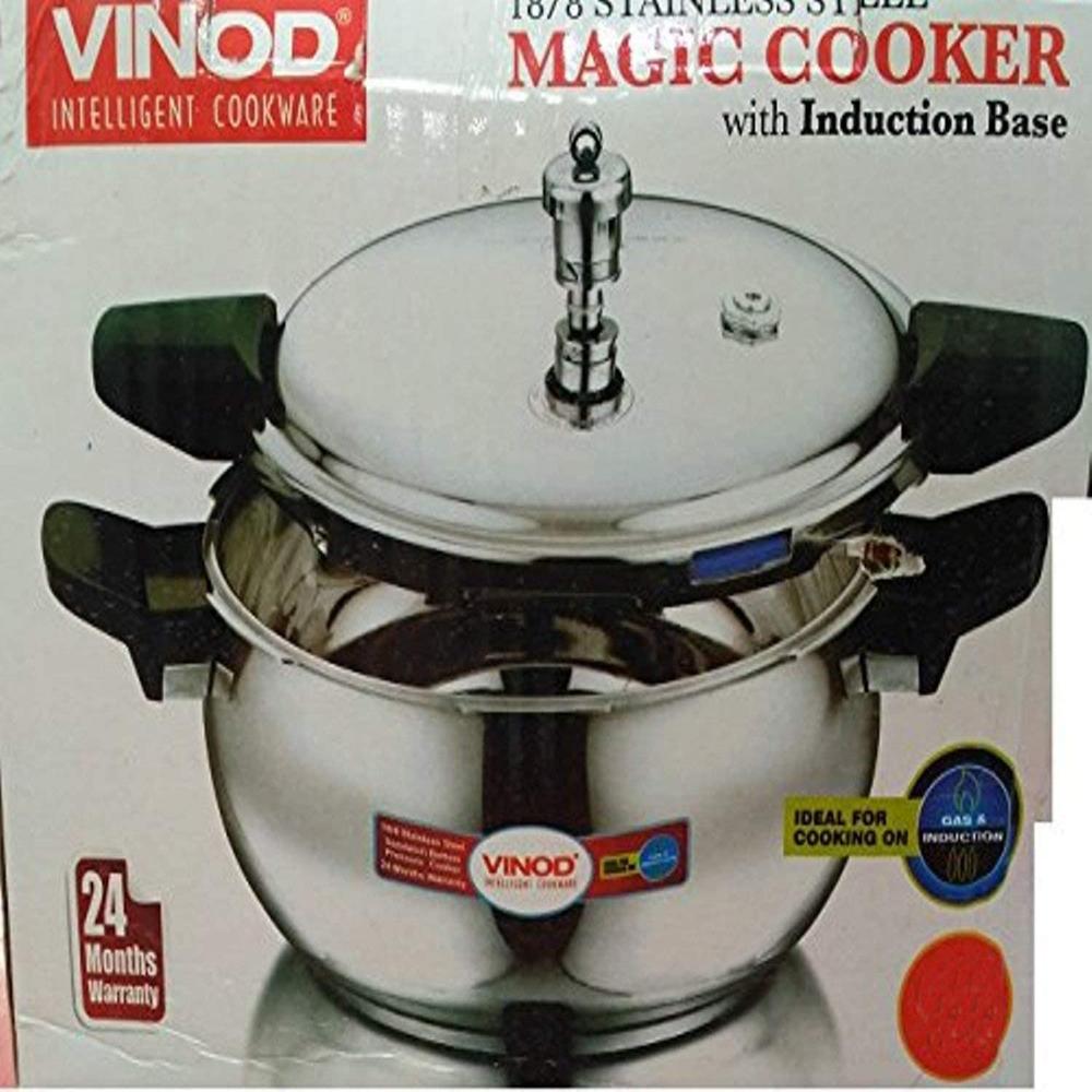 Vinod 18/8 Stainless Steel Outer Lid Magic Pressure Cooker - 3.5 Litre with Pressure Cooker Lid, Straining Lid and Glass Lid (Induction and Gas Stove Friendly), Silver - 2 Years Warranty
