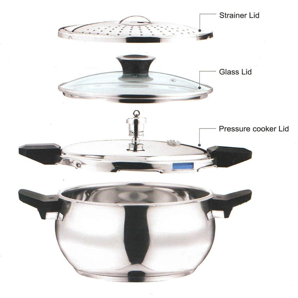 Vinod 18/8 Stainless Steel Outer Lid Magic Pressure Cooker - 3.5 Litre with Pressure Cooker Lid, Straining Lid and Glass Lid (Induction and Gas Stove Friendly), Silver - 2 Years Warranty