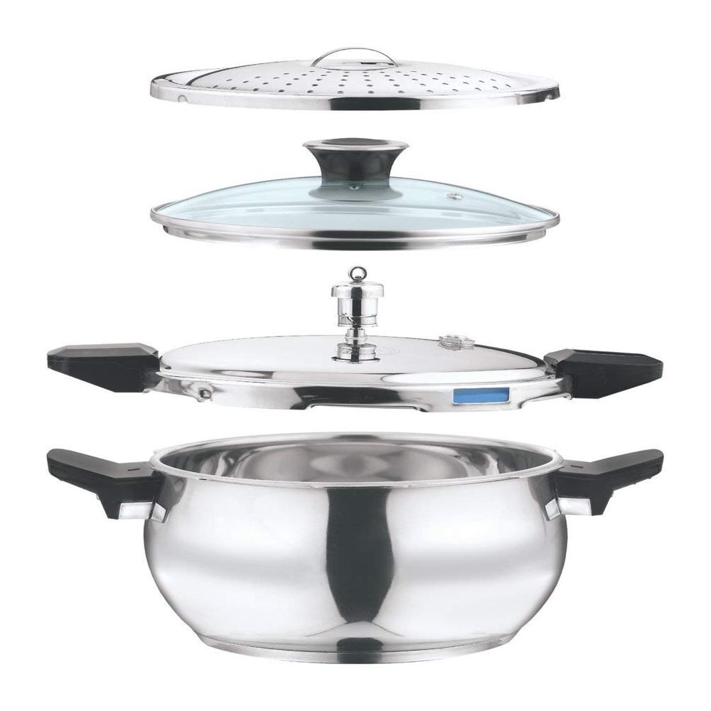 Vinod 18/8 Stainless Steel Outer Lid Magic Pressure Cooker - 3.5 Litre with Pressure Cooker Lid, Straining Lid and Glass Lid (Induction and Gas Stove Friendly), Silver - 2 Years Warranty