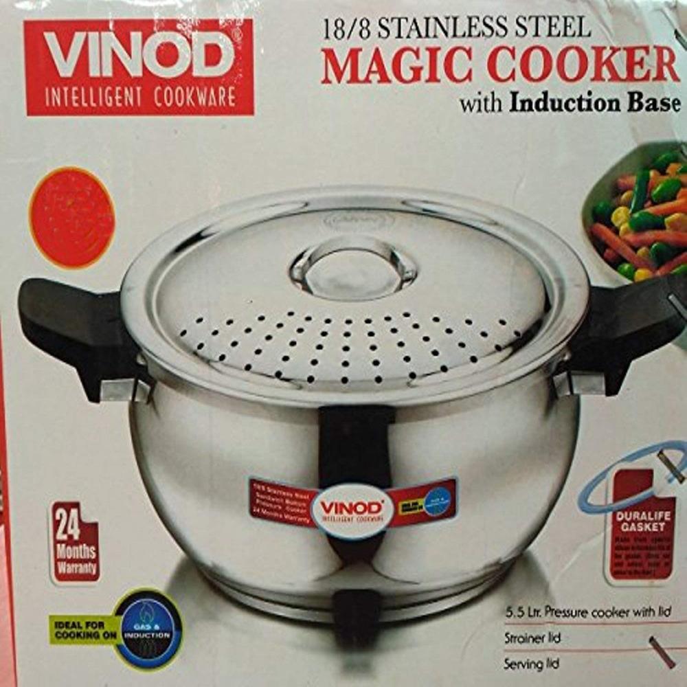 Vinod 18/8 Stainless Steel Outer Lid Magic Pressure Cooker - 3.5 Litre with Pressure Cooker Lid, Straining Lid and Glass Lid (Induction and Gas Stove Friendly), Silver - 2 Years Warranty