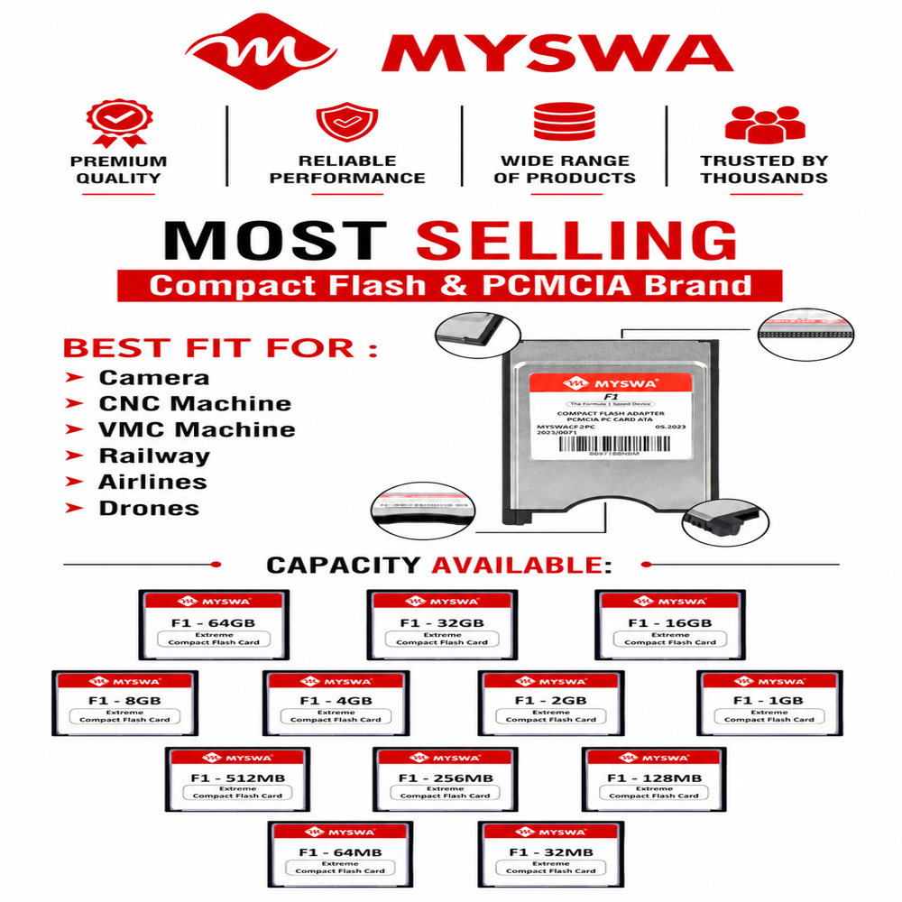 MYSWA F1-CF32GB F1 Extreme Compact Flash 32 GB MLC CF Type 1 Memory Card for CNC Machine, Railways Locomotives, Airplane Cockpits, Camera, Desktop