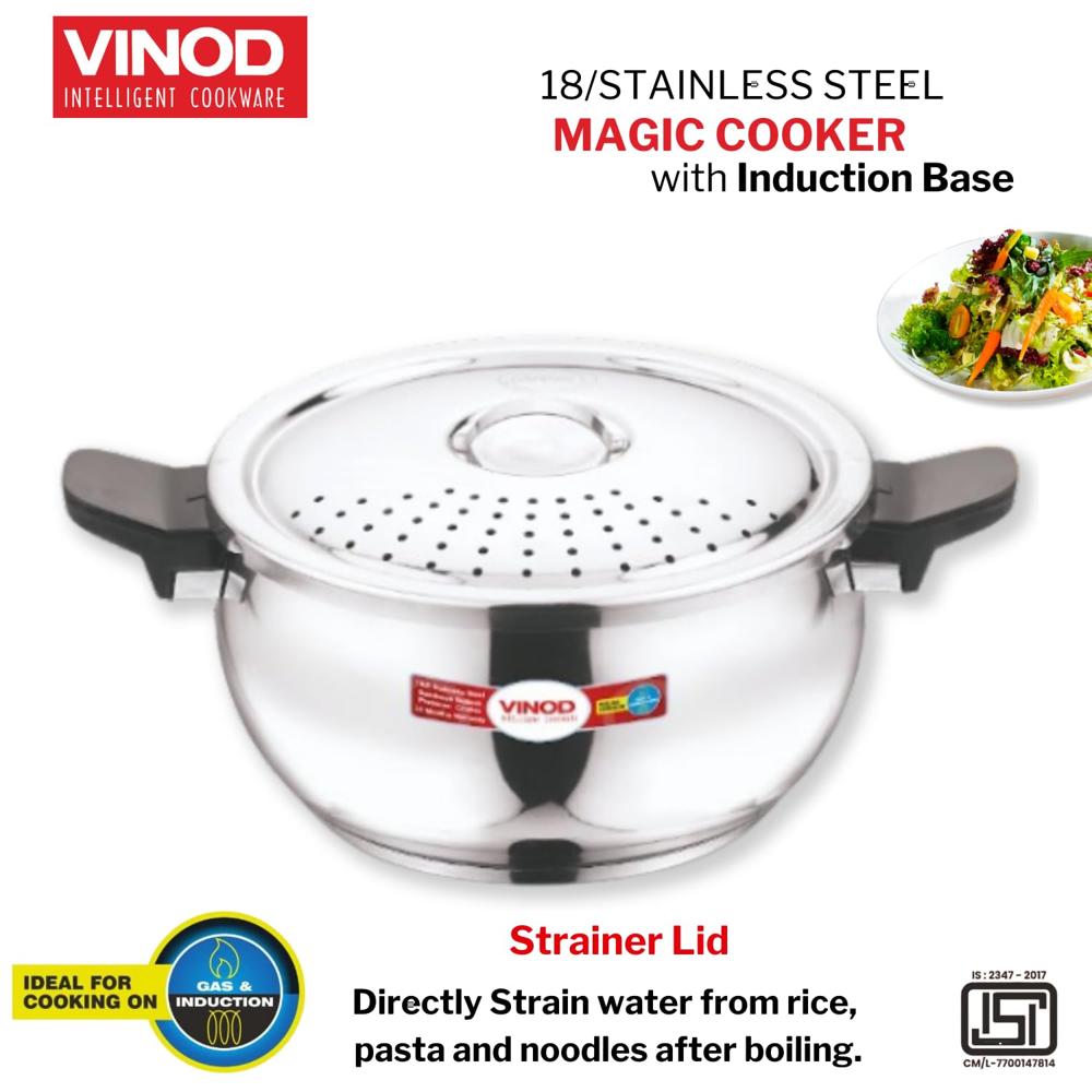 Vinod Magic Stainless Steel 3-in-1 Pressure Cooker, 5.5 L | 5 mm Thick Base with Strainer & Glass Lid | Multi-Purpose Cooker for Rice & Curries | ISI Certified | Induction & Gas Base | 2 Yr Warranty