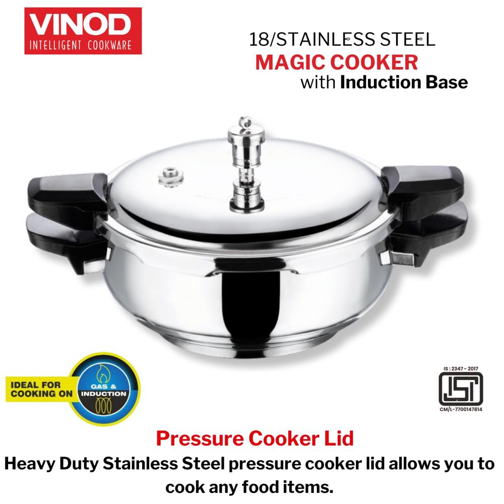 Vinod Magic Stainless Steel 3-in-1 Pressure Cooker, 5.5 L | 5 mm Thick Base with Strainer & Glass Lid | Multi-Purpose Cooker for Rice & Curries | ISI Certified | Induction & Gas Base | 2 Yr Warranty