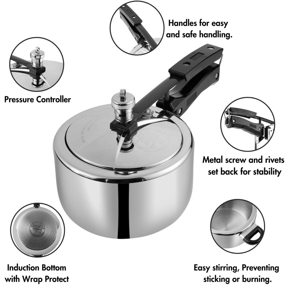 Vinod Straight Platinum Triply Stainless Steel Inner Lid Pressure Cooker - 2 Litre | Induction Ready | ISI and CE Certified | Small