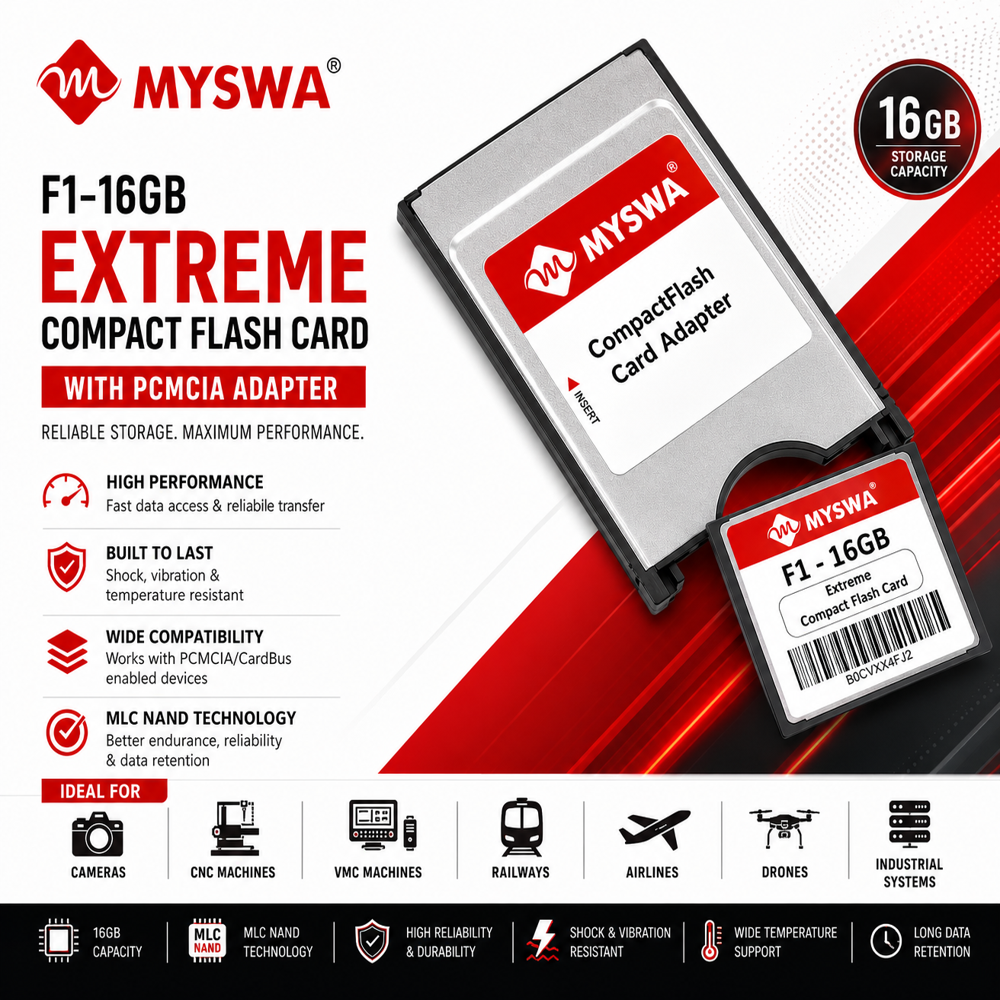 MYSWA F1-CF16GB F1 Extreme Compact Flash 16 GB MLC CF Type 1 Memory Card for CNC Machine, Railways Locomotives, Airplane Cockpits, Camera, Desktop
