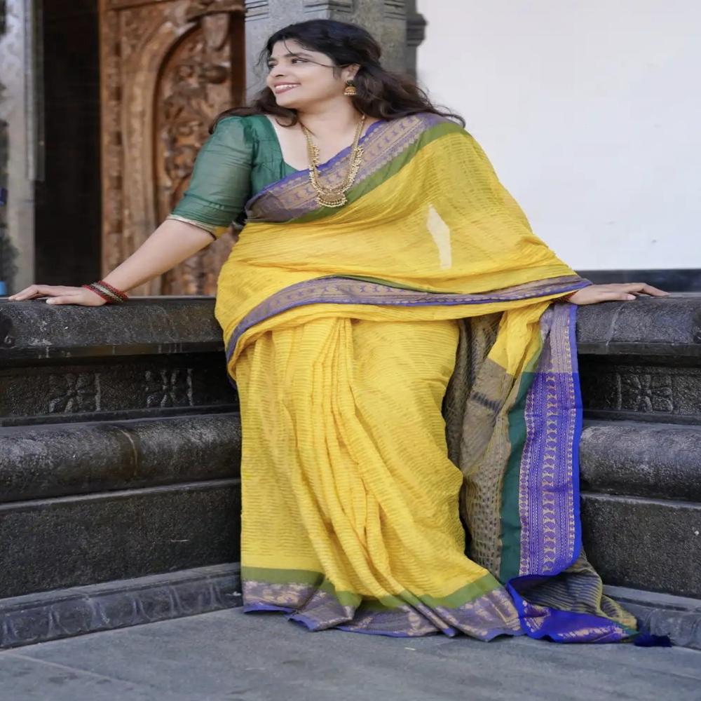 Mul Cotton Zori Strip Saree With Bp - Color: Yellow & Blue
