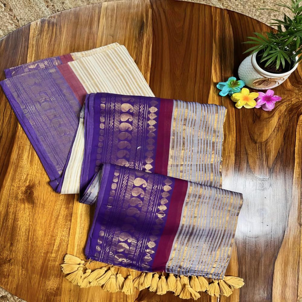 Mul Cotton Zori Strip Saree With Bp White & Panaful - Gender: Women