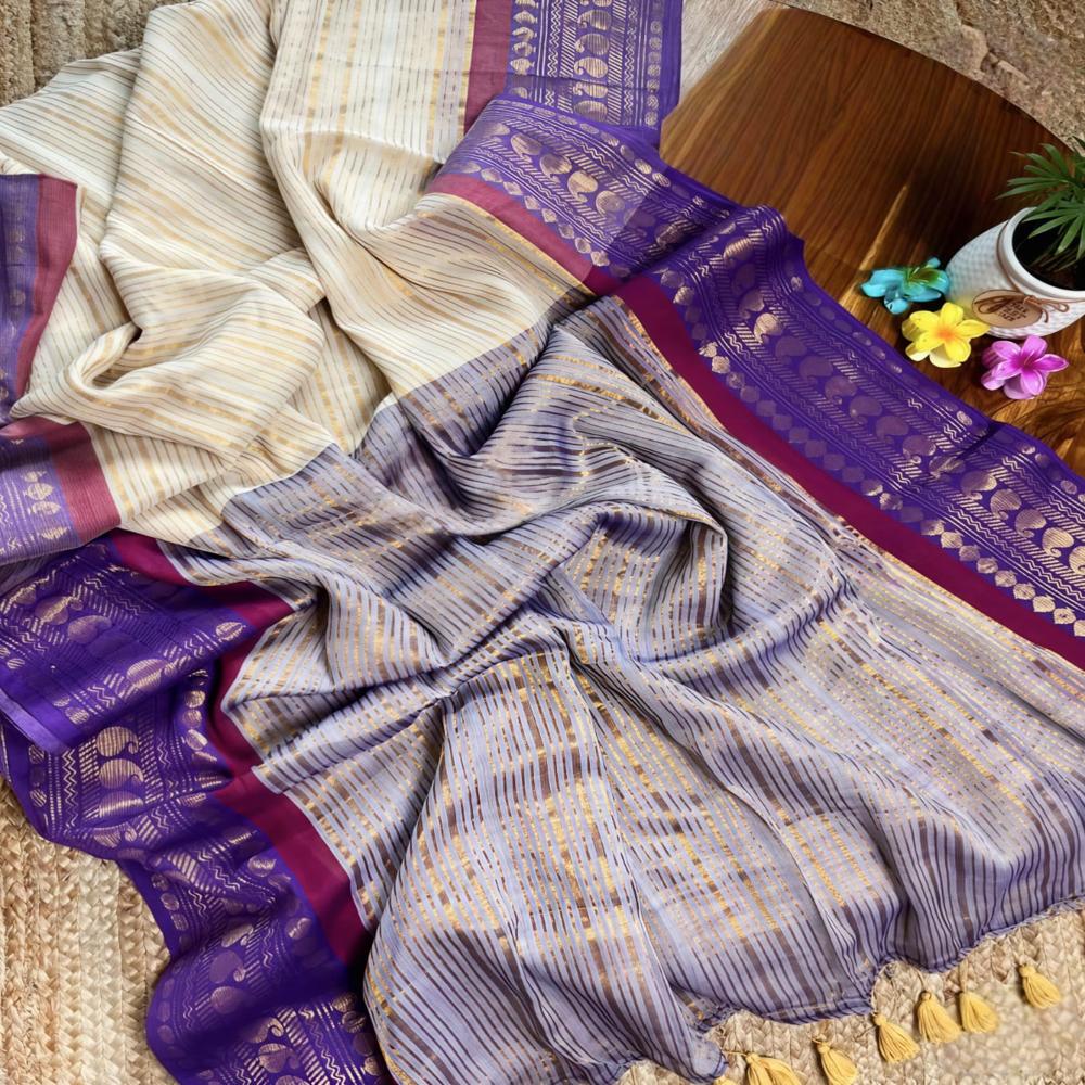 Mul Cotton zori strip Saree With BP White & Panaful
