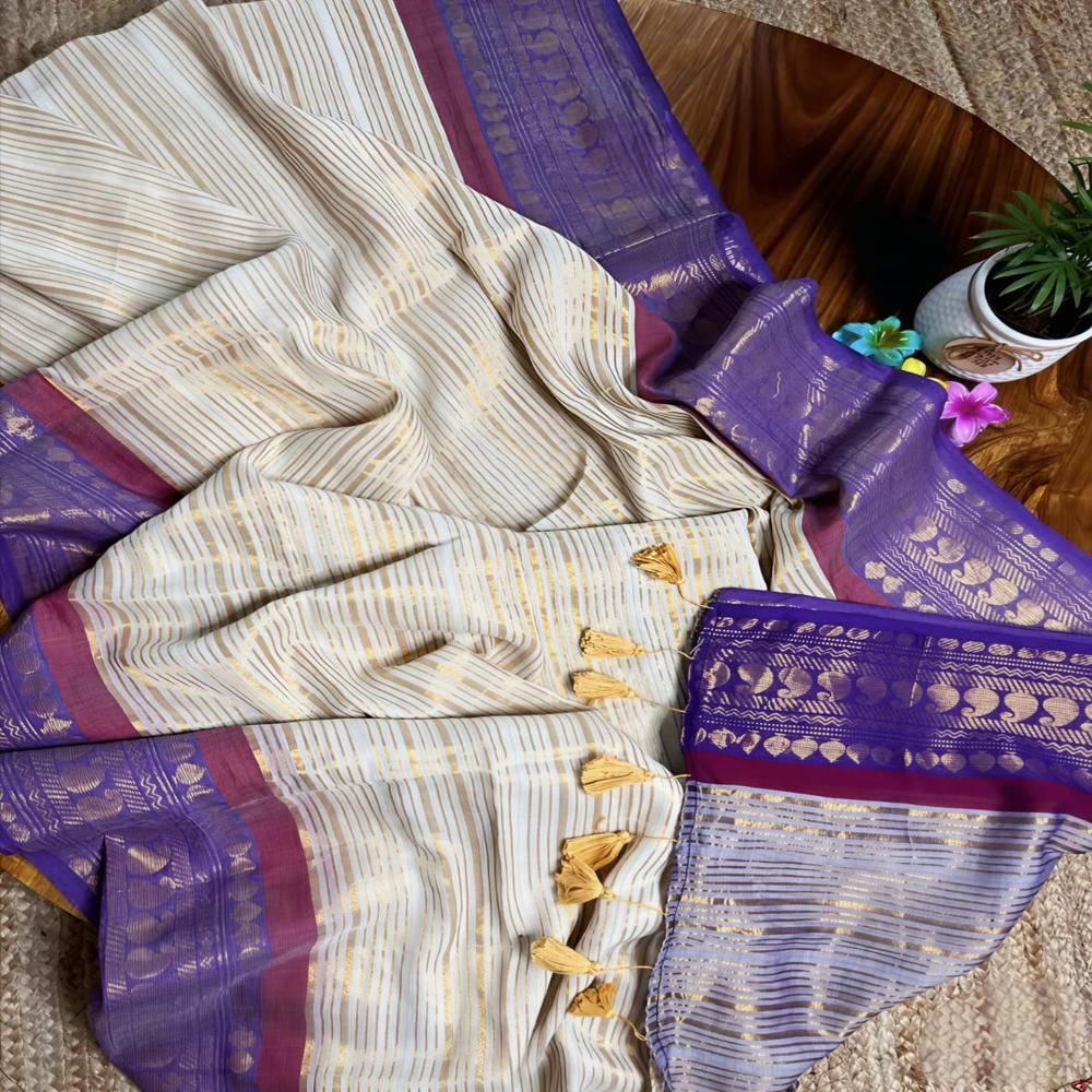 Mul Cotton zori strip Saree With BP White & Panaful